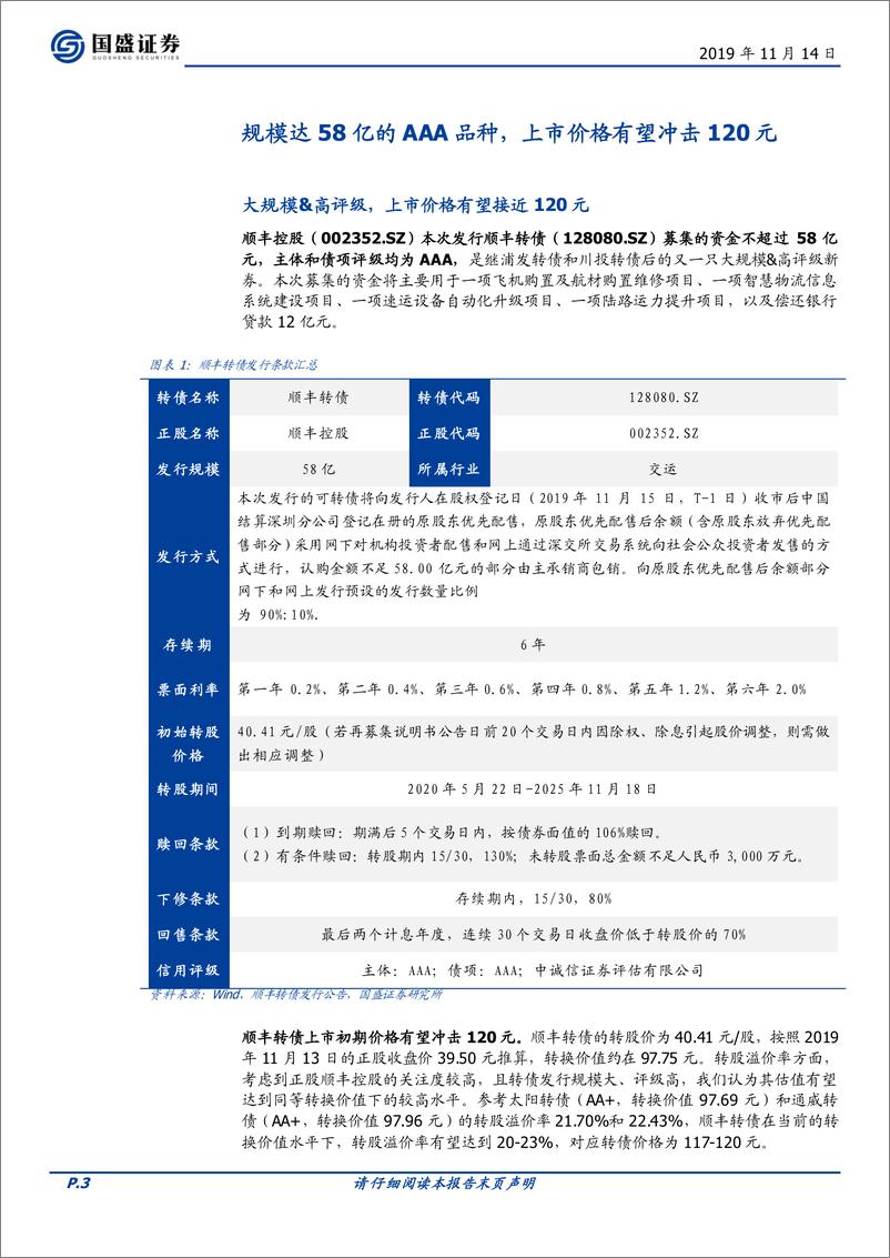 《固定收益点评：顺丰转债，快递龙头登场，一二级机会均推荐重点关注-20191114-国盛证券-12页》 - 第4页预览图