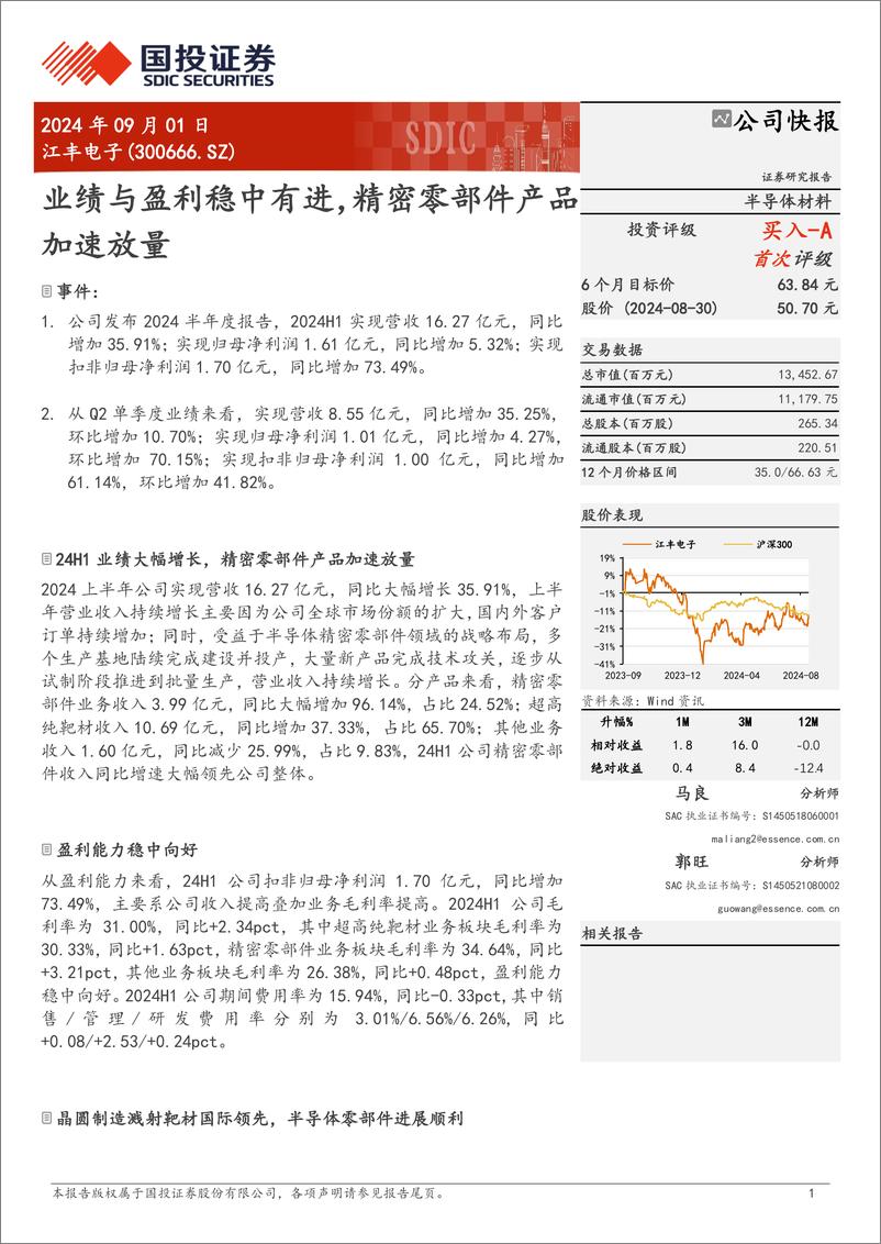 《江丰电子(300666)业绩与盈利稳中有进，精密零部件产品加速放量-240901-国投证券-13页》 - 第1页预览图