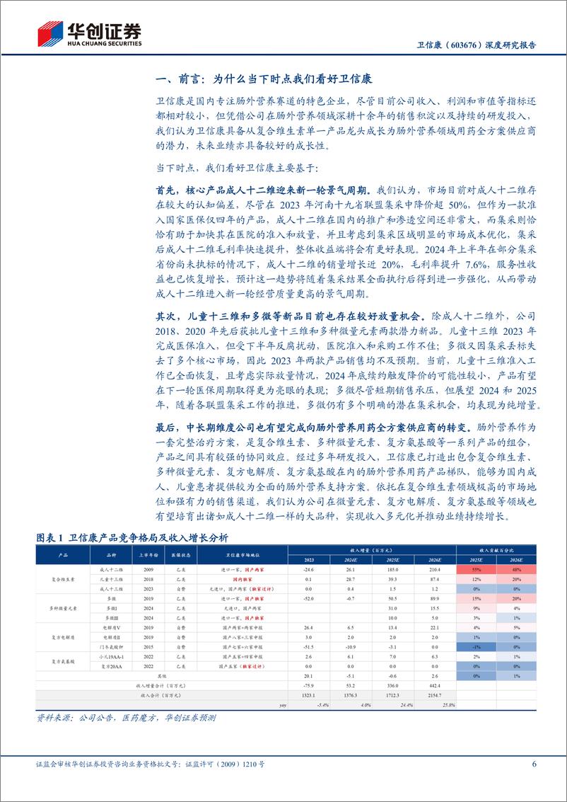 《卫信康(603676)深度研究报告：国产肠外营养龙头，经营发展迎新周期-241128-华创证券-28页》 - 第6页预览图