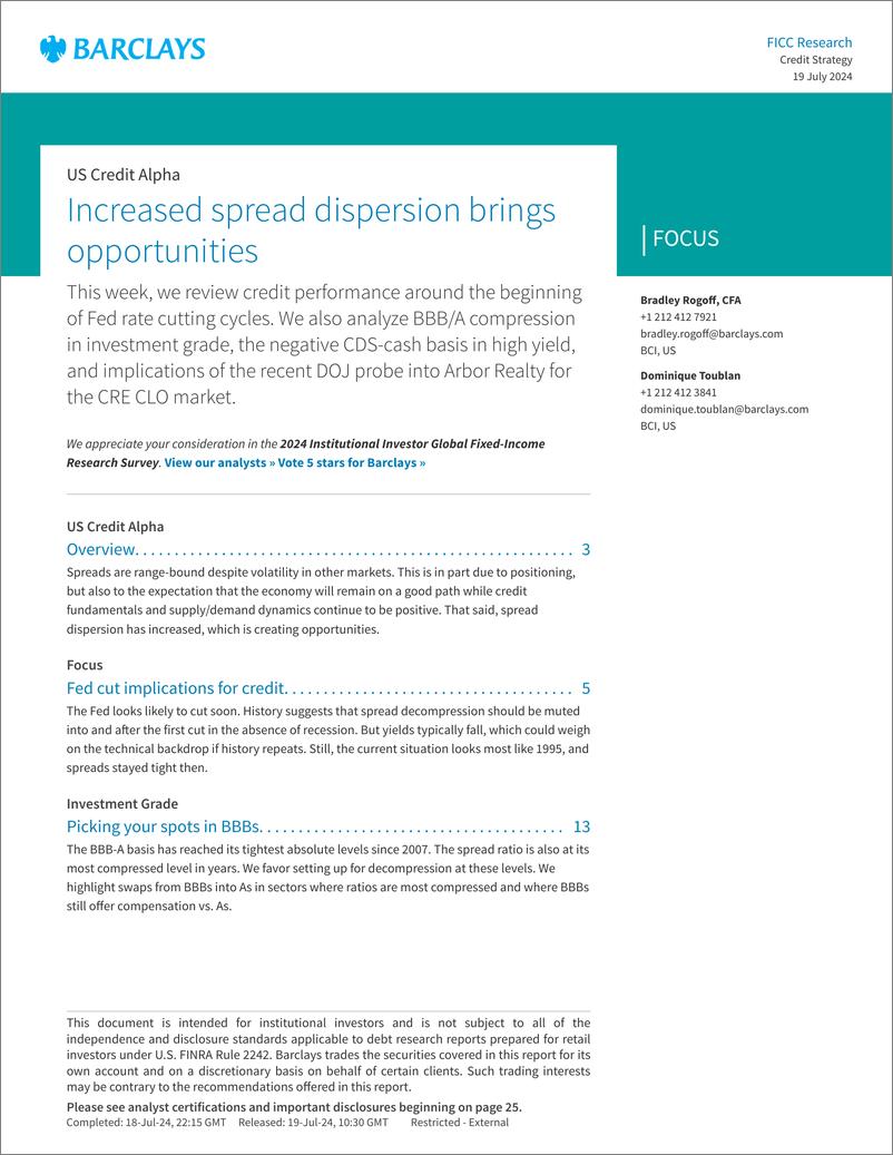 《Barclays_US_Credit_Alpha_Increased_spread_dispersion_brings_opportunities》 - 第1页预览图