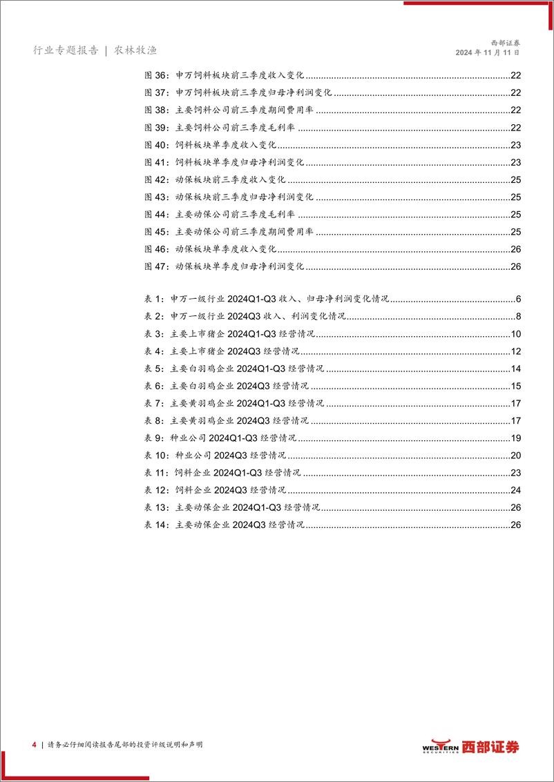 《农林牧渔行业2024前三季度及2024Q3农林牧渔板块业绩总结：生猪及饲料板块净利润高增，肉鸡板块景气度有望改善-241111-西部证券-28页》 - 第4页预览图