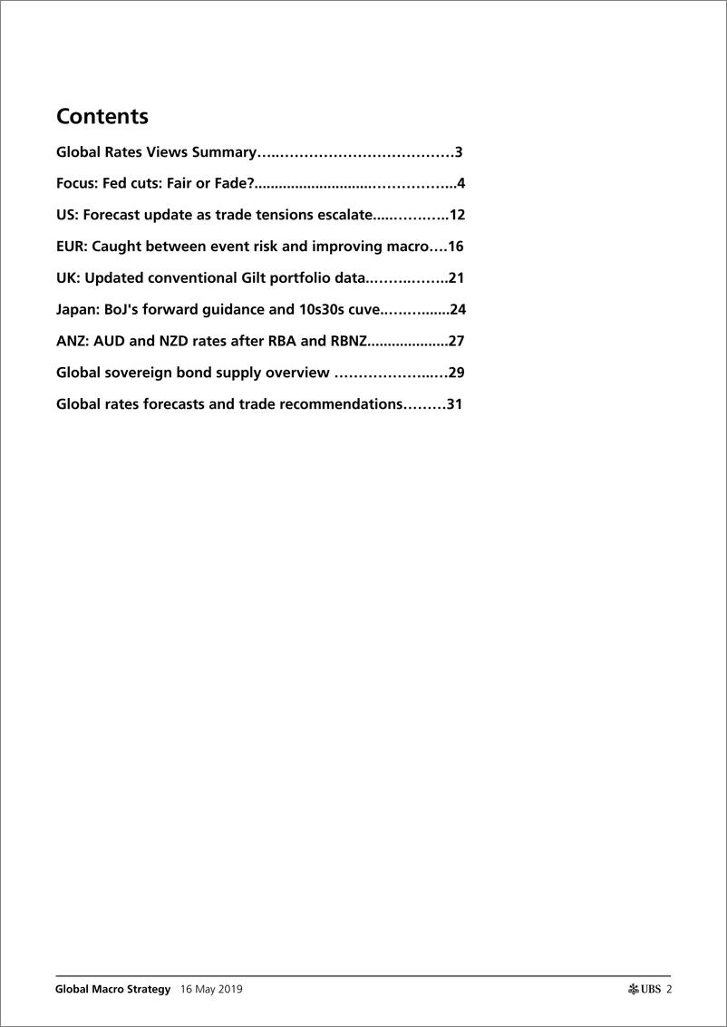 《瑞银-全球-宏观策略-全球利率展望：美联储降息——周期高点的合理预期，还是即将消退的预期？-2019.5.16-38页》 - 第3页预览图