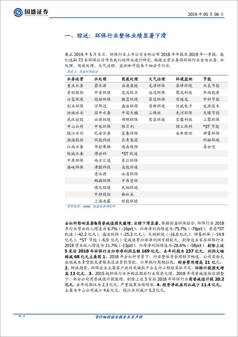 《环保工程及服务行业：去杠杆及商誉减值影响显著，环保业绩首次负增长-20190506-国盛证券-25页》 - 第5页预览图