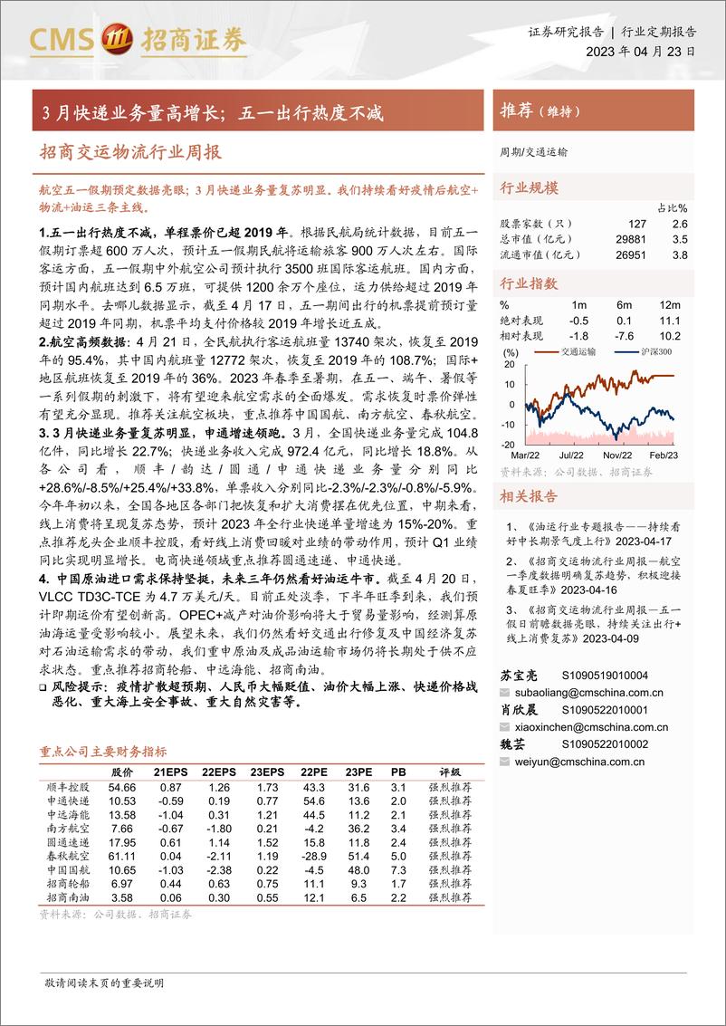 报告《20230423-交通运输-招商交运物流行业周报：3月快递业务量高增长；五一出行热度不减-招商证券》的封面图片