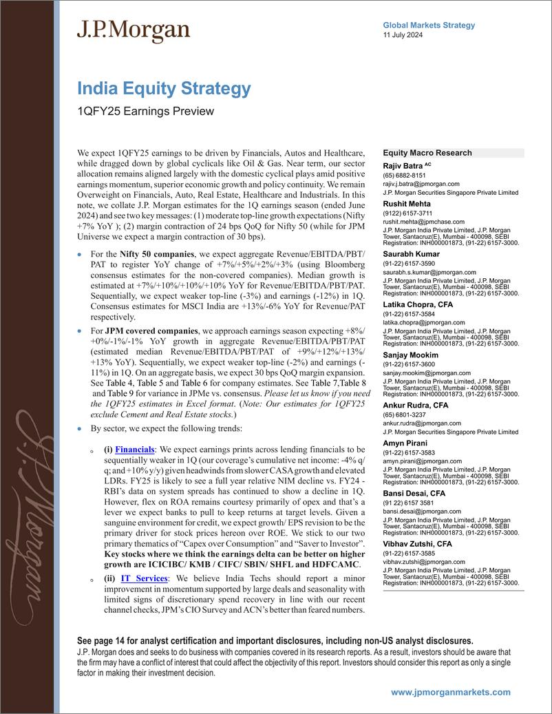 《JPMorgan-India Equity Strategy 1QFY25 Earnings Preview-109148942》 - 第1页预览图