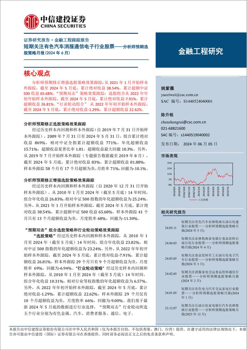 《分析师预期选股策略月报(2024年6月)：短期关注有色汽车消服通信电子行业股票-240605-中信建投-15页》 - 第1页预览图