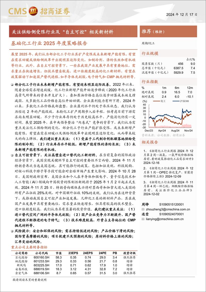 《基础化工行业2025年度策略报告：关注供给侧受限行业及“自主可控”相关新材料-241217-招商证券-51页》 - 第1页预览图