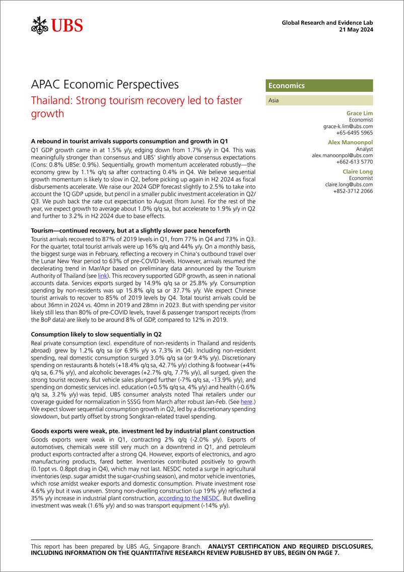《UBS Economics-APAC Economic Perspectives _Thailand Strong tourism recover...-108315247》 - 第1页预览图