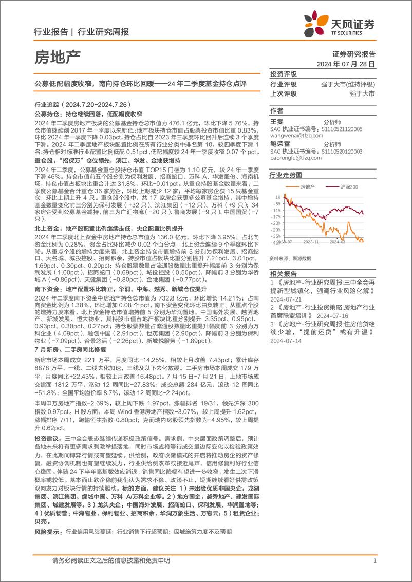 《房地产行业24年二季度基金持仓点评：公募低配幅度收窄，南向持仓环比回暖-240728-天风证券-18页》 - 第1页预览图