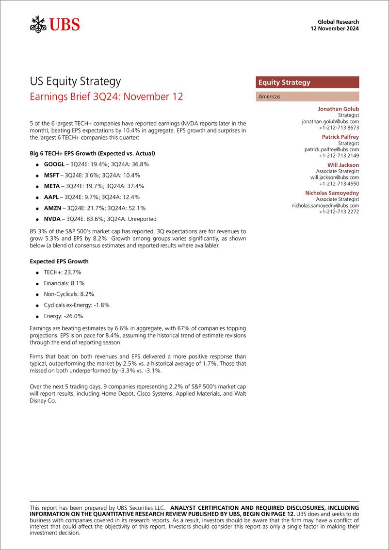 《UBS Equities-US Equity Strategy _Earnings Brief 3Q24 November 12_ Golub-111547978》 - 第1页预览图