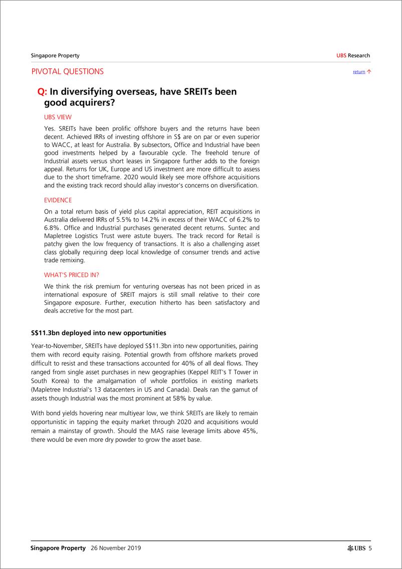 《瑞银-亚太地区-房地产行业-新加坡房地产SREITs：离岸多元化的认知与现实-2019.11.26-29页》 - 第6页预览图