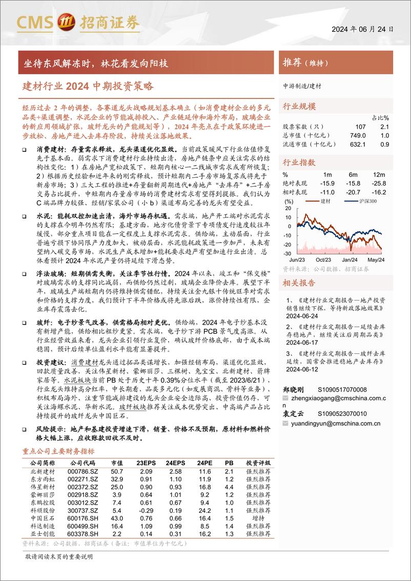 《建材行业2024中期投资策略：坐待东风解冻时，林花看发向阳枝-240624-招商证券-40页》 - 第1页预览图