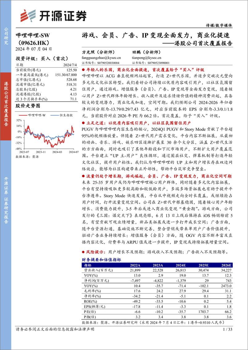 《开源证券-哔哩哔哩-W-09626.HK-港股公司首次覆盖报告：游戏、会员、广告、IP变现全面发力，商业化提速》 - 第1页预览图