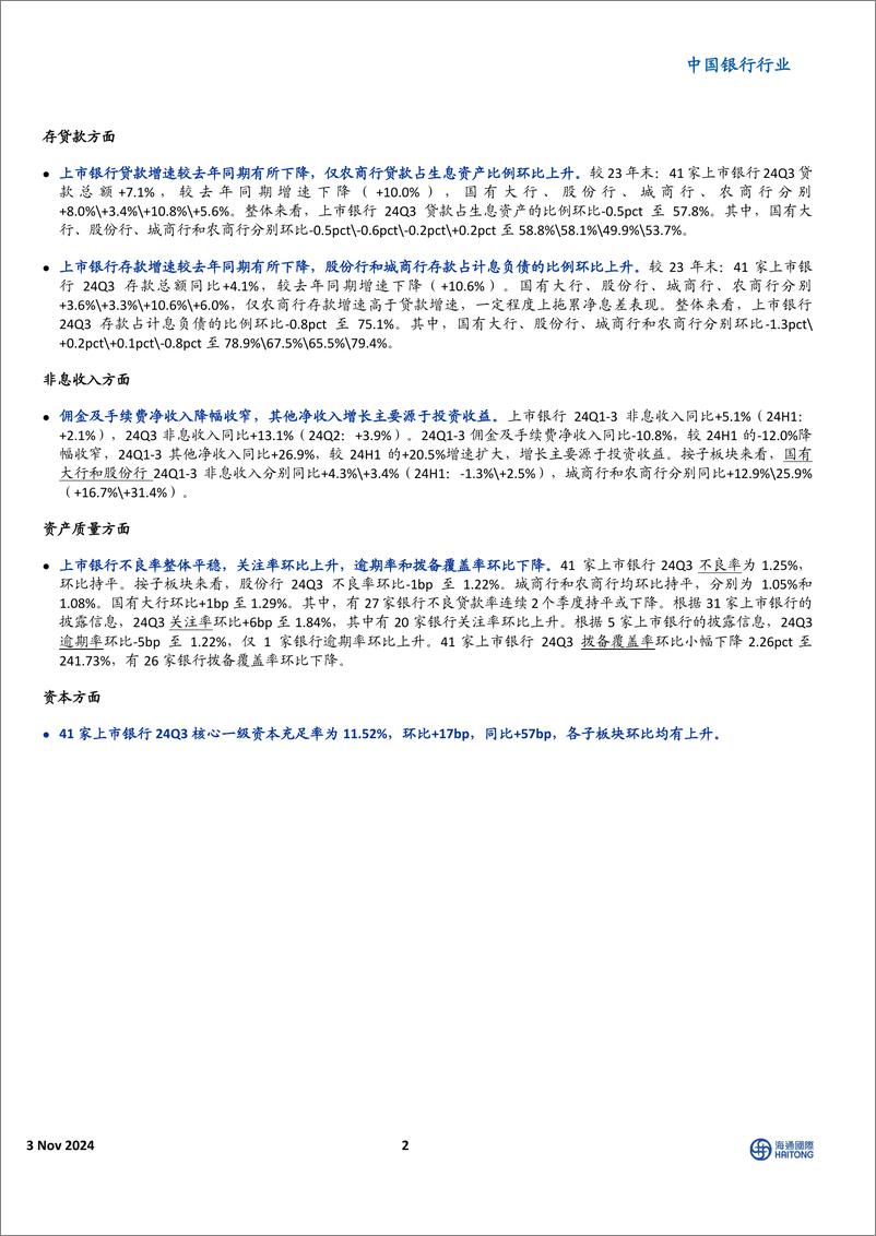 《中国银行行业中资银行24Q3业绩总结：息差及不良率平稳，存贷款增速较去年同期降低-241103-海通国际-12页》 - 第2页预览图