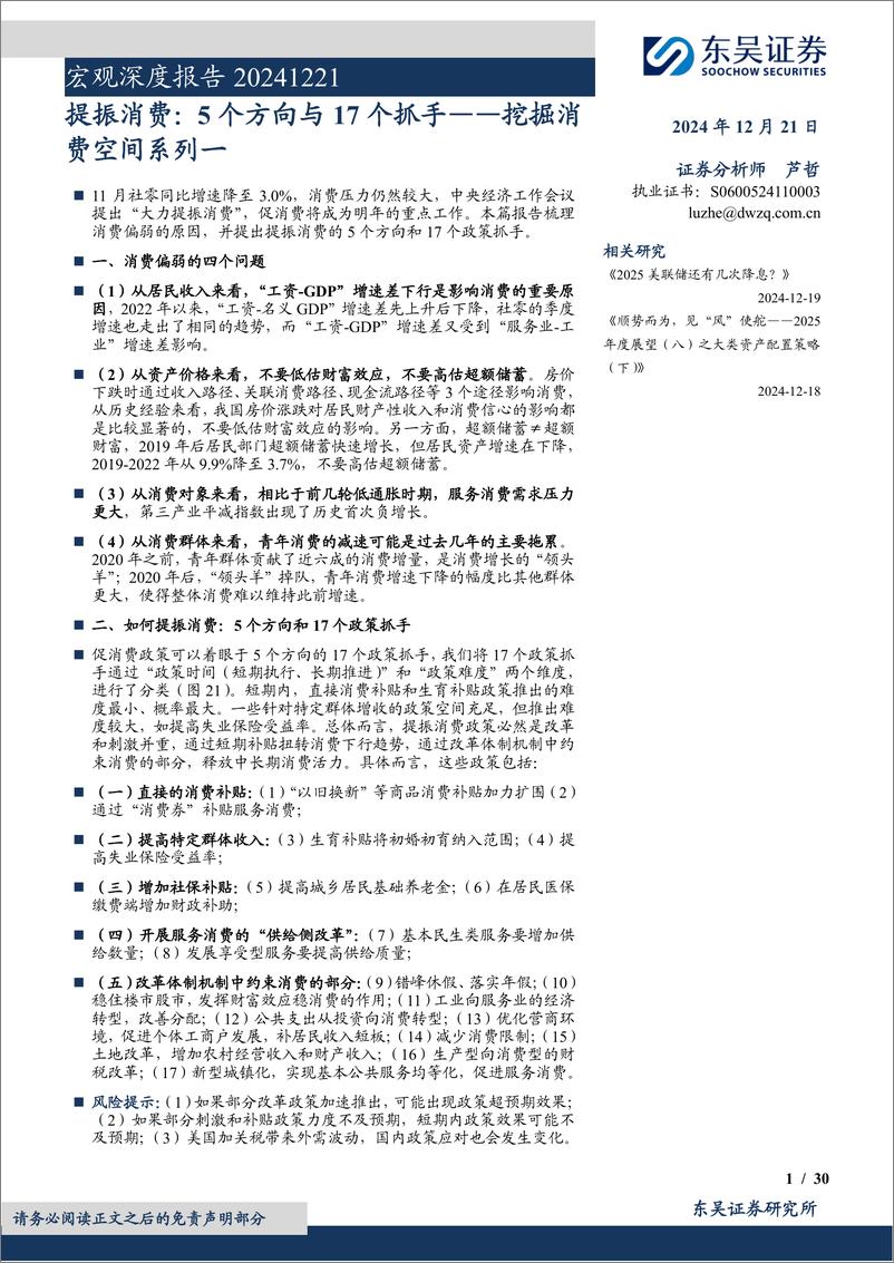 《挖掘消费空间系列一：提振消费，5个方向与17个抓手-241221-东吴证券-30页》 - 第1页预览图