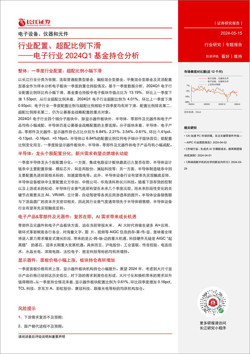 《电子行业2024Q1基金持仓分析：行业配置、超配比例下滑-240515-长江证券-14页》 - 第2页预览图