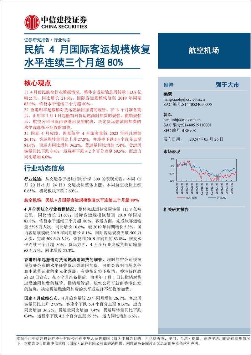 《航空机场行业动态：民航4月国际客运规模恢复水平连续三个月超80%25-240526-中信建投-23页》 - 第1页预览图