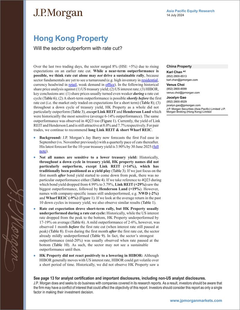 《JPMorgan-Hong Kong Property Will the sector outperform with rate cut-109216931》 - 第1页预览图