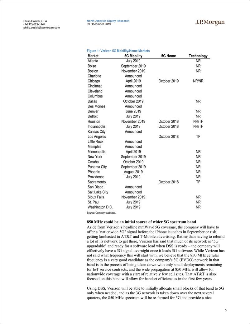 《J.P. 摩根-美股-电信服务业-美国5G：到2020年中期，每家运营商都将在全国范围内建设5G网络-2019.12.9-26页》 - 第6页预览图