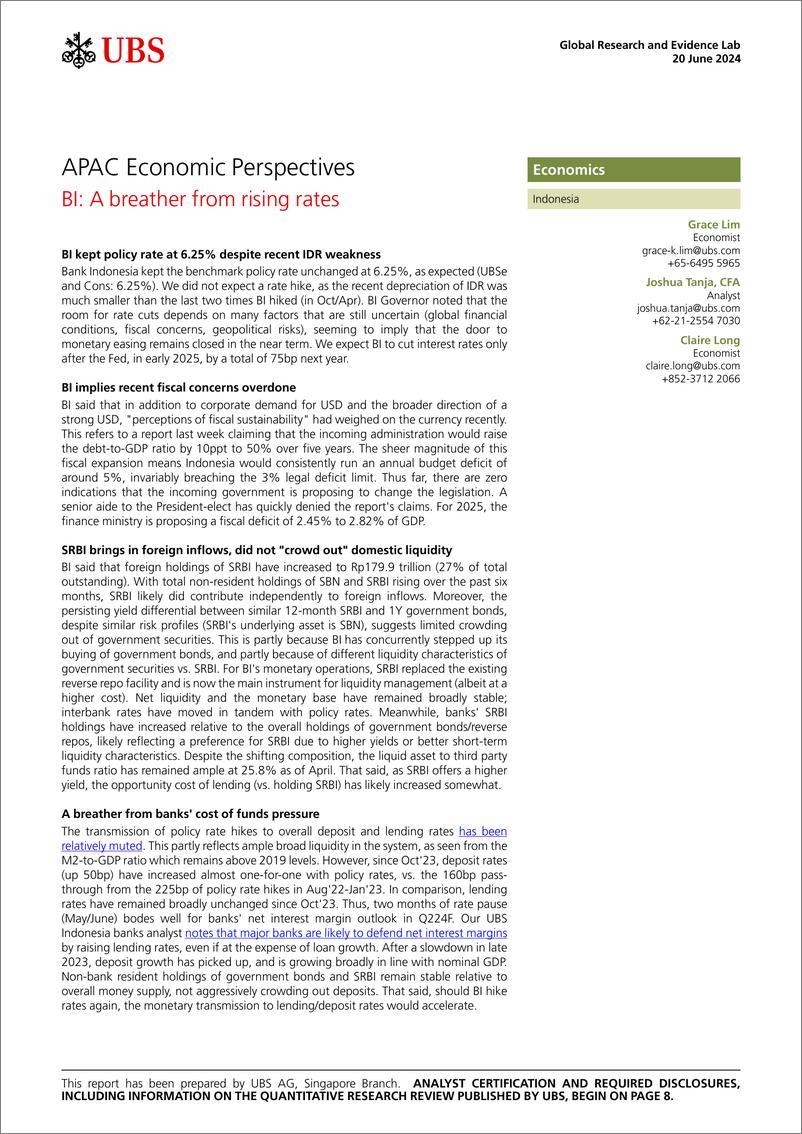 《UBS Economics-APAC Economic Perspectives _BI A breather from rising rates...-108786789》 - 第1页预览图