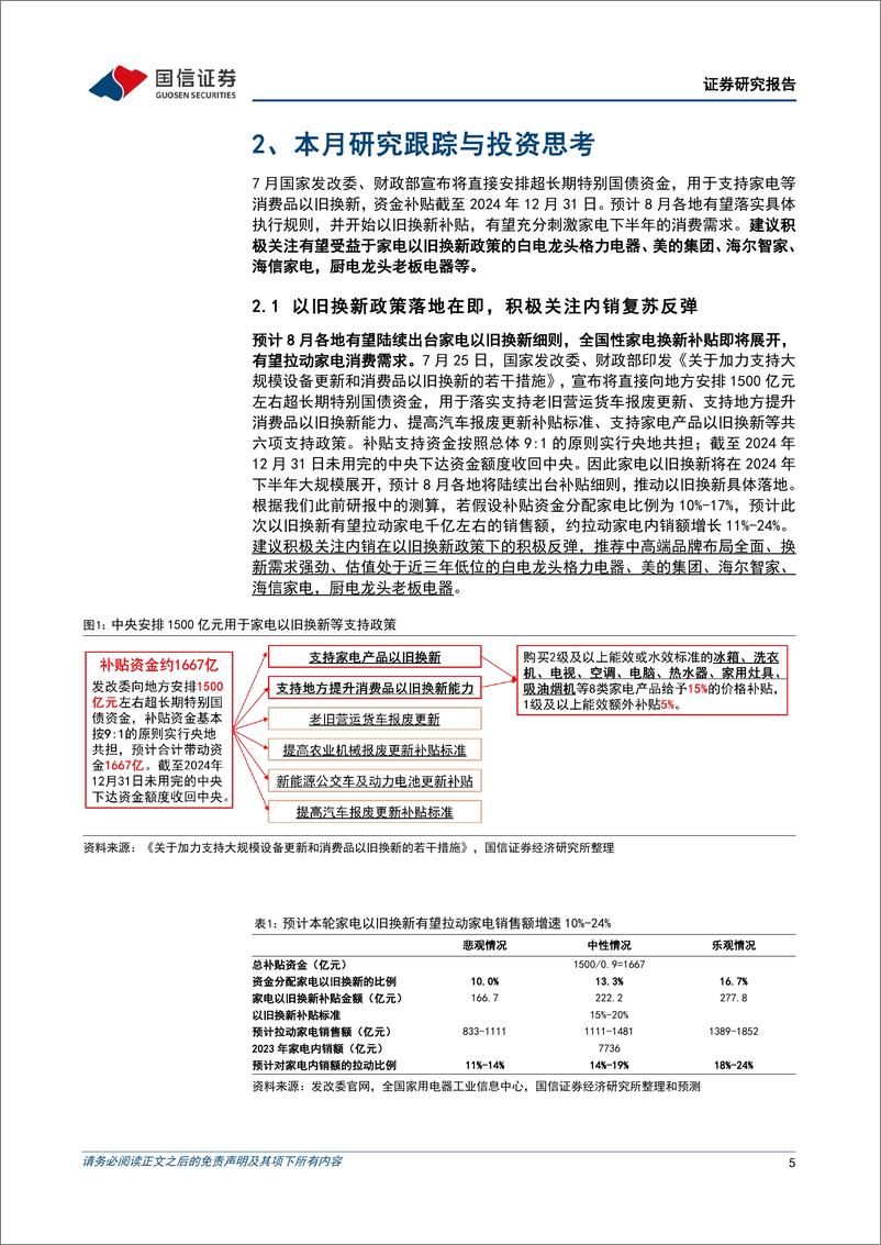 《家电行业2024年8月投资策略：关注家电以旧换新政策落地，8月空调外销排产量增长26%25-240805-国信证券-15页》 - 第5页预览图