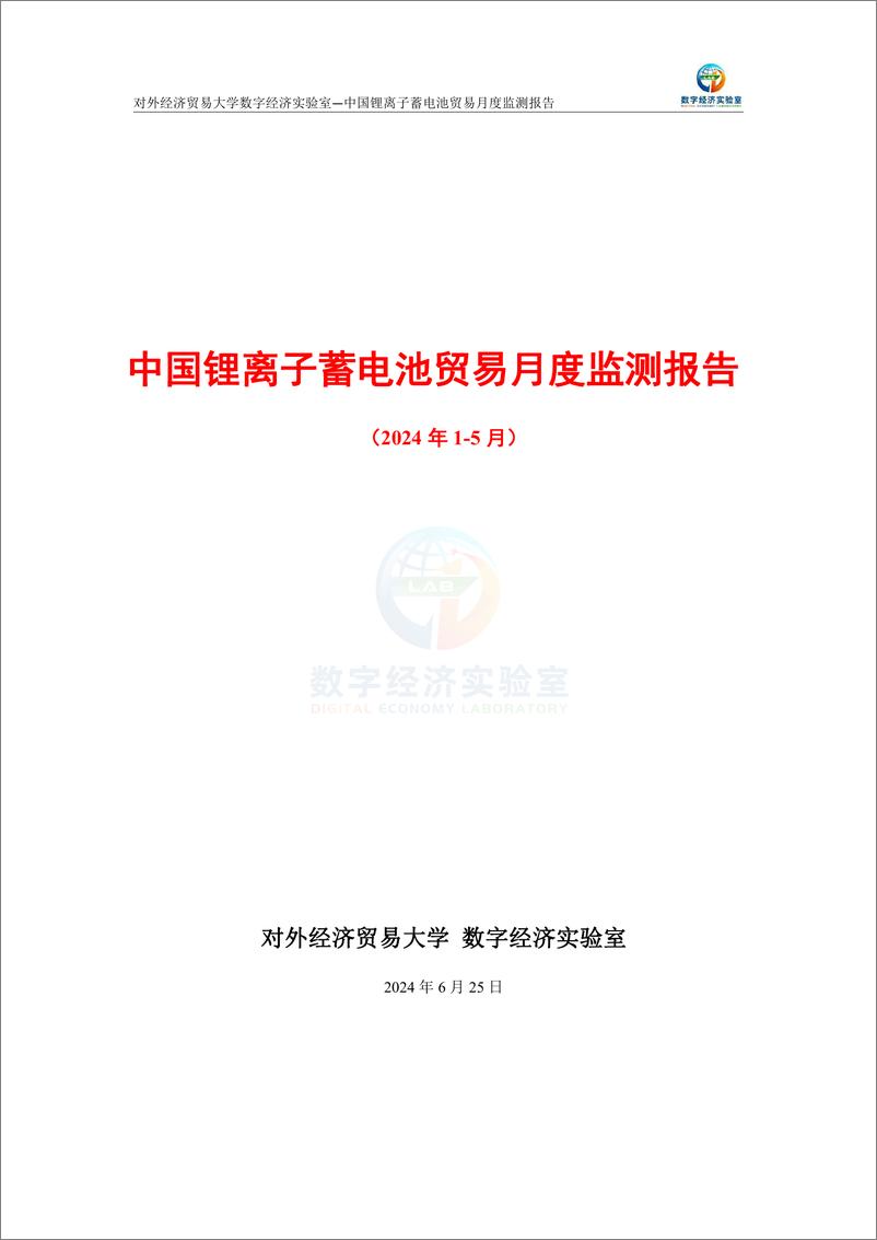 《对外经济贸易大学_中国锂离子蓄电池贸易月度监测报告_2024年1-5月_》 - 第1页预览图