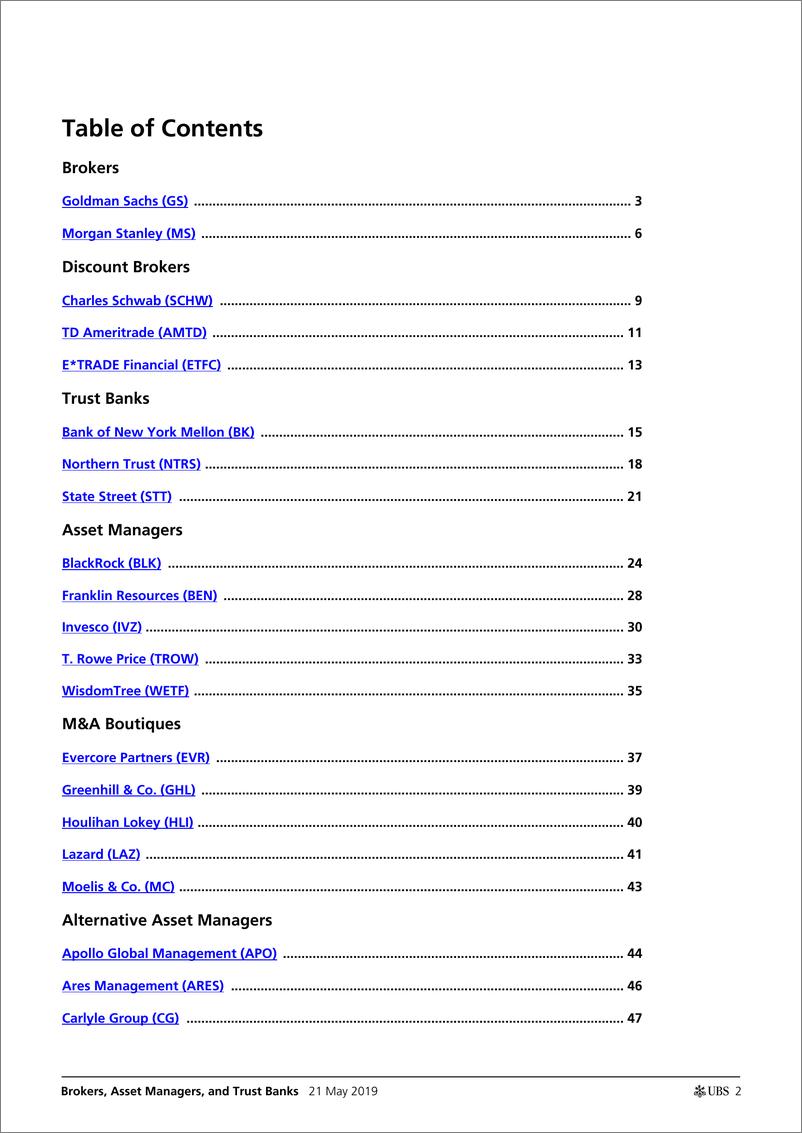 《瑞银-美股-金融服务业-经纪人、资产经理和信托银行：资本市场核心问题与争论-2019.5.21-55页》 - 第3页预览图