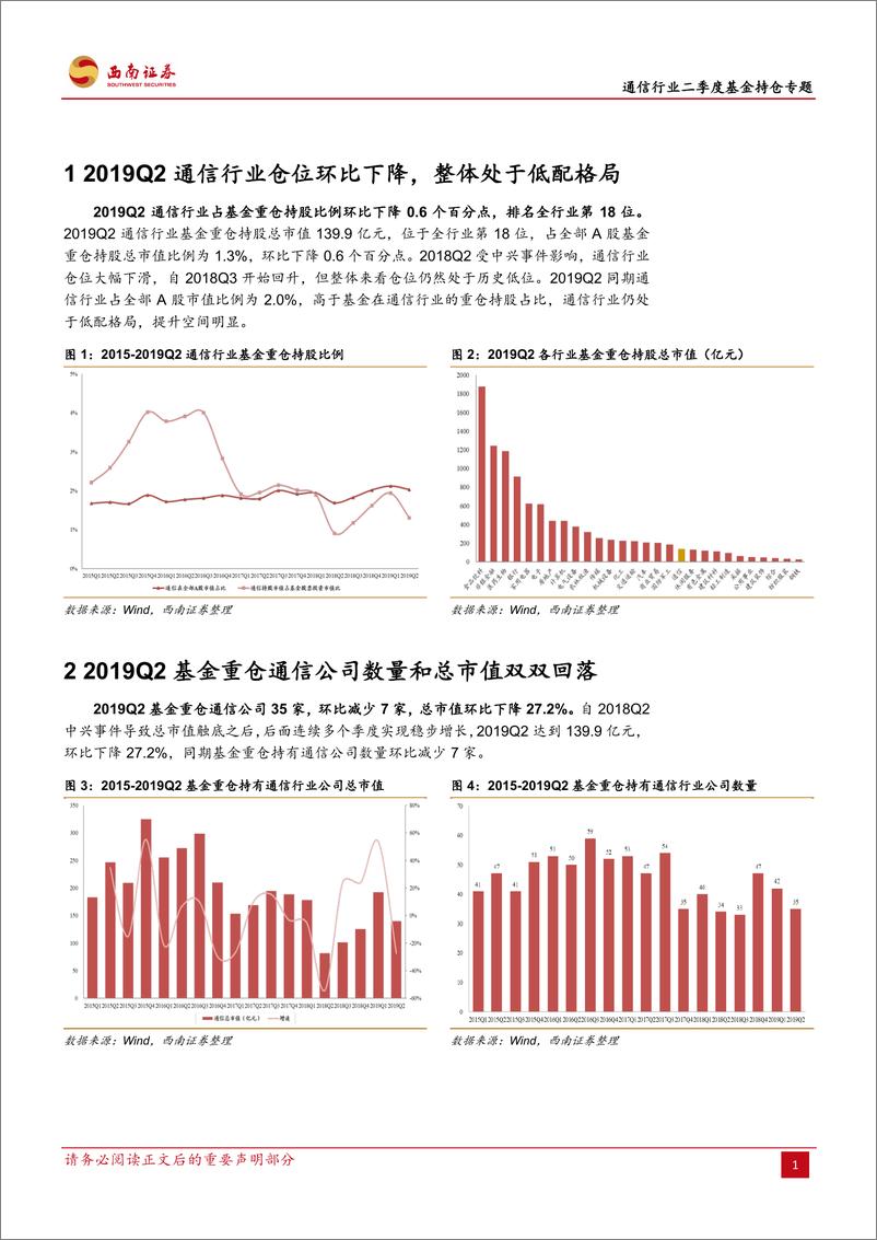 《通信行业二季度基金持仓专题：2019Q2基金重仓持股仓位环比下降，处于低配格局，提升空间明显-20190721-西南证券-10页》 - 第5页预览图