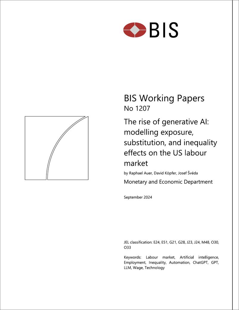 《国际清算银行-生成性人工智能的兴起：对美国劳动力市场的暴露、替代和不平等效应进行建模（英）-2024.9-40页》 - 第1页预览图