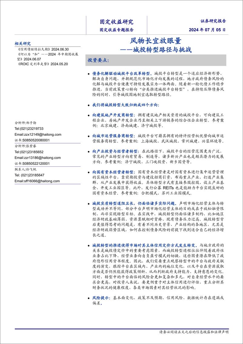 《城投转型路径与挑战：风物长宜放眼量-240705-海通证券-14页》 - 第1页预览图