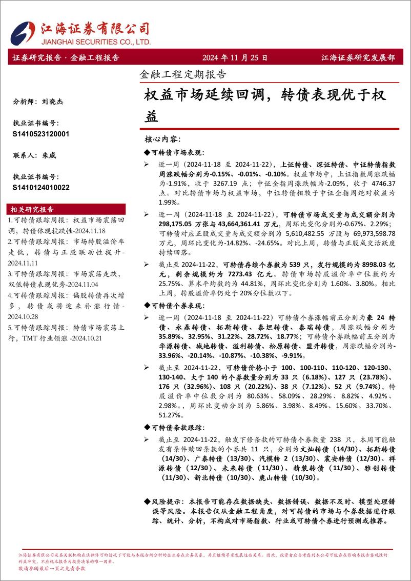 《金融工程定期报告：权益市场延续回调，转债表现优于权益-241125-江海证券-12页》 - 第1页预览图