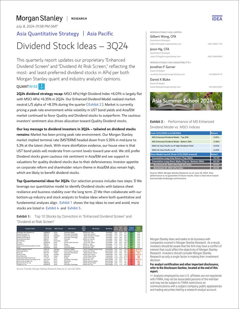 《Morgan Stanley-Asia Quantitative Strategy Dividend Stock Ideas – 3Q24-109098825》 - 第1页预览图