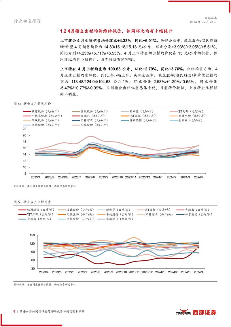 《生猪行业动态跟踪报告(月度)：24年4月上市猪企出栏量小幅下滑，出栏均价小幅提高-240523-西部证券-15页》 - 第6页预览图