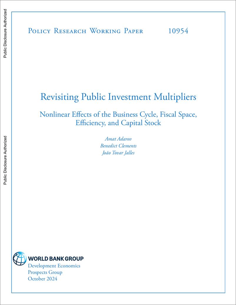 《世界银行-重新审视公共投资乘数：商业周期、财政空间、效率和资本存量的非线性效应（英）-2024.10-37页》 - 第1页预览图