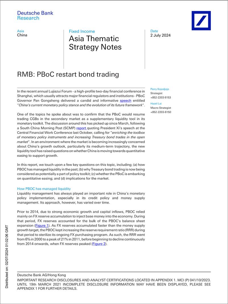 《Deutsche Bank-Asia Thematic Strategy Notes RMB PBoC restart bond trading-108972145》 - 第1页预览图