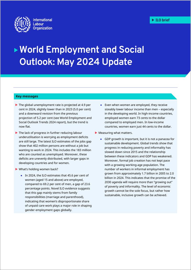 《国际劳工组织（ILO）：2024年世界就业和社会展望报告：2024年5月更（英文版）》 - 第1页预览图