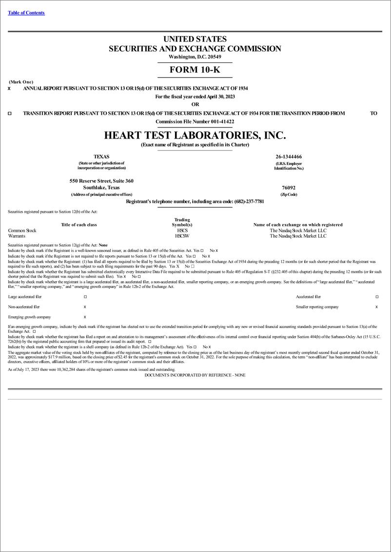 《Heart Test Laboratories, Inc.（HSCS）2023财年年度报告（英文版）》 - 第1页预览图