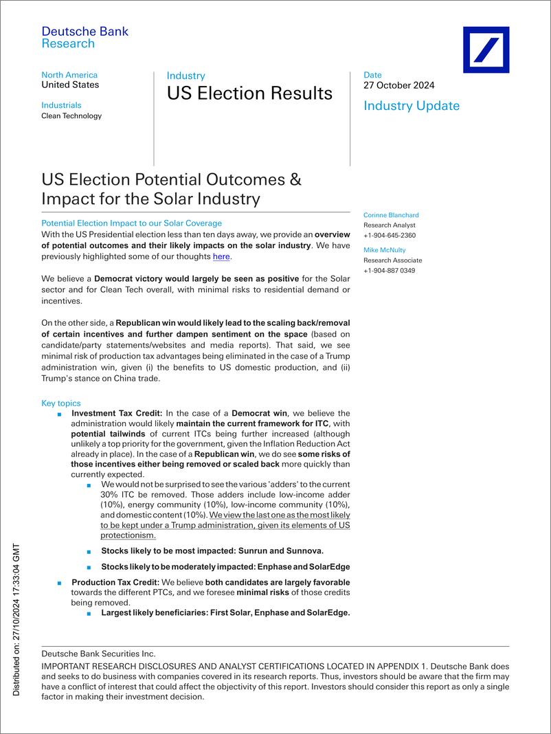 《Deutsche Bank-US Election Results US Election Potential Outcomes  Impact...-111119432》 - 第1页预览图