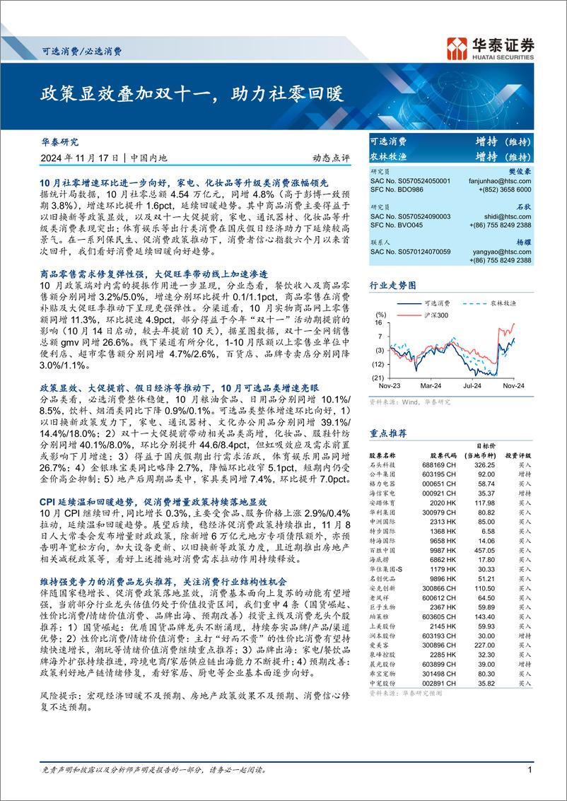 《可选消费／必选消费行业动态点评：政策显效叠加双十一，助力社零回暖-241117-华泰证券-12页》 - 第1页预览图