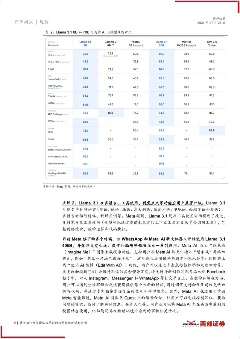 《AI行业跟踪32期：Llama 3.1与闭源模型差距缩小，谷歌对AI投资态度积极-240728-西部证券-13页》 - 第4页预览图