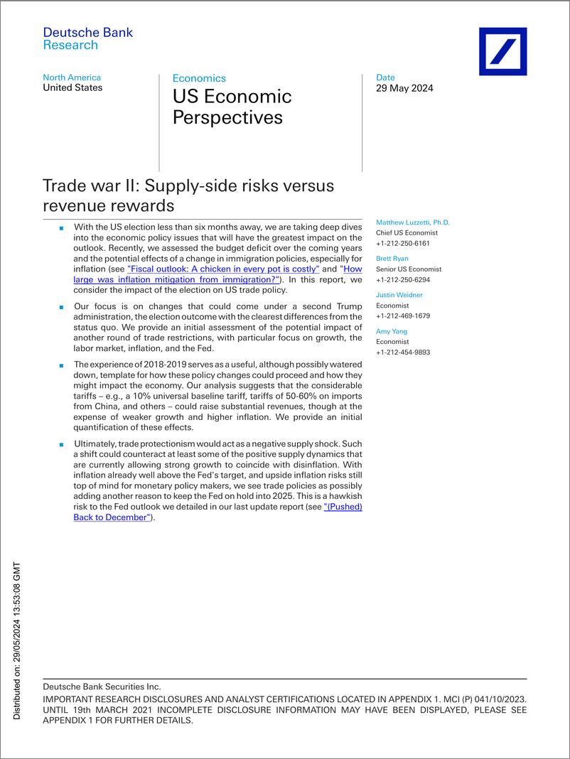 《Deutsche Bank-US Economic Perspectives Trade war II Supply-side risks ve...-108446682》 - 第1页预览图