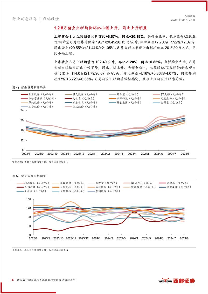 《生猪行业动态跟踪报告(月度)：24年8月上市猪企出栏量同环比均小幅上升，出栏均价维持高位-240927-西部证券-15页》 - 第6页预览图