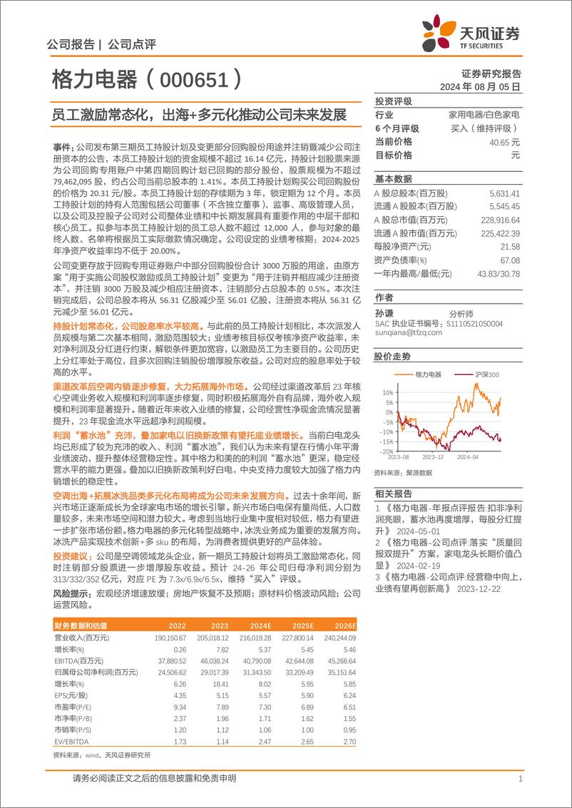 《格力电器(000651)公司点评：员工激励常态化，出海%2b多元化推动公司未来发展-240805-天风证券-11页》 - 第1页预览图