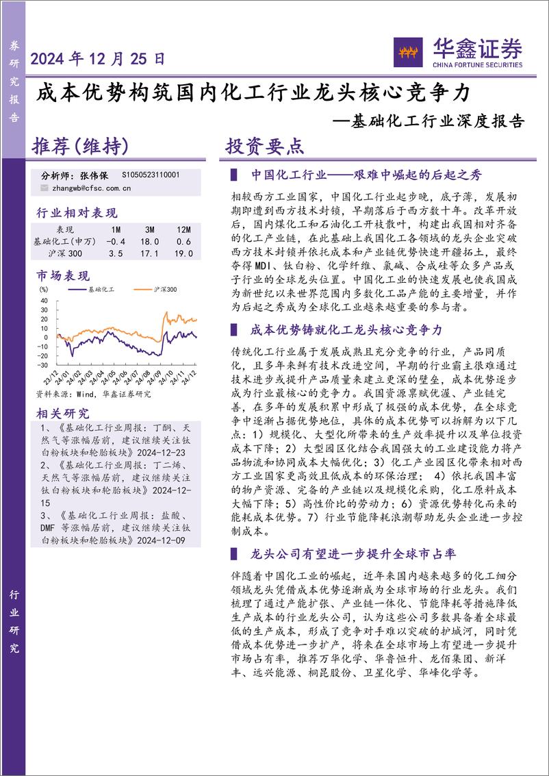 《基础化工行业深度报告：成本优势构筑国内化工行业龙头核心竞争力-241225-华鑫证券-48页》 - 第1页预览图