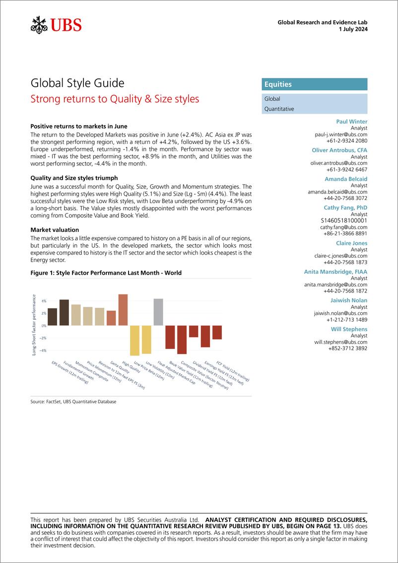 《UBS Equities-Global Style Guide _Strong returns to Quality  Size styles_...-108954303》 - 第1页预览图