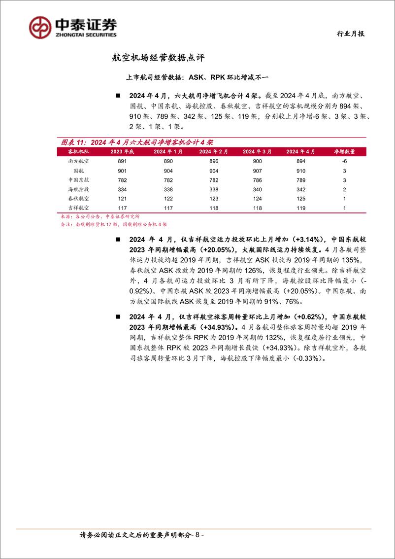 《航空机场行业6月投资策略：供需有望持续改善，提前布局暑运旺季-240603-中泰证券-15页》 - 第8页预览图