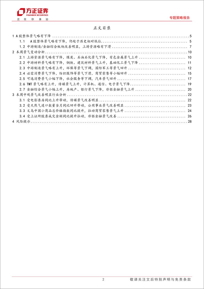 《A股中观景气全景扫描(9月第4期)：A股整体景气略有下降，中游制造和金融综合景气均改善-240923-方正证券-29页》 - 第2页预览图