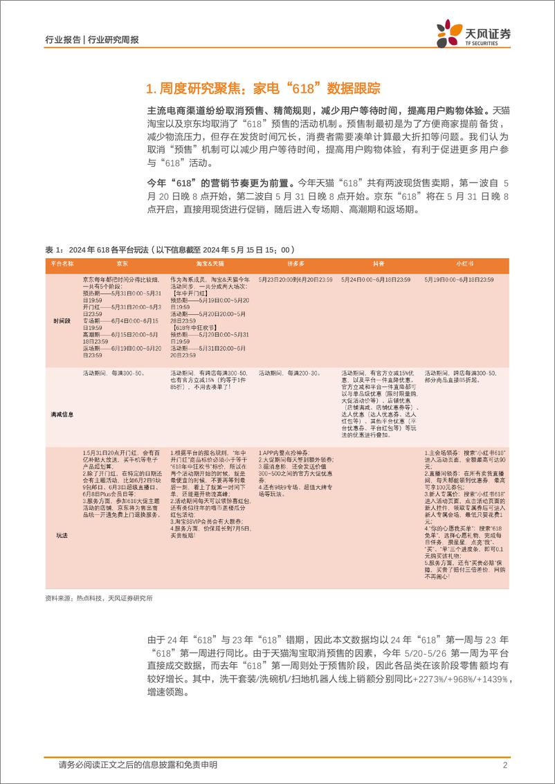 《家用电器行业24W22周度研究：家电“618”成交数据跟踪-240611-天风证券-16页》 - 第2页预览图