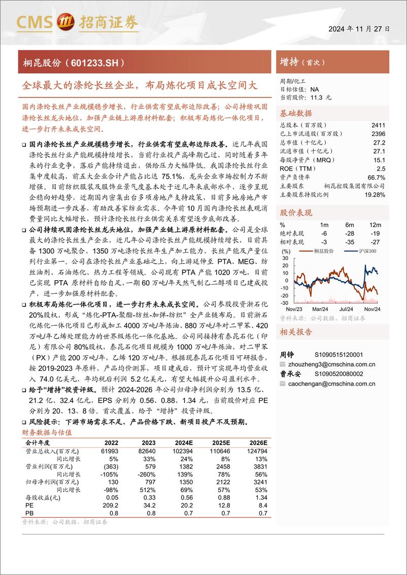 《桐昆股份(601233)全球最大的涤纶长丝企业，布局炼化项目成长空间大-241127-招商证券-20页》 - 第1页预览图