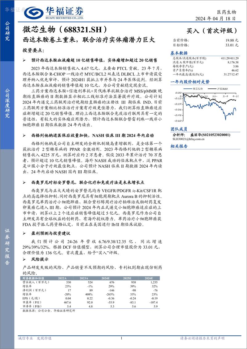 《微芯生物-688321.SH-西达本胺卷土重来，联合治疗实体瘤潜力巨大-20240418-华福证券-21页》 - 第1页预览图